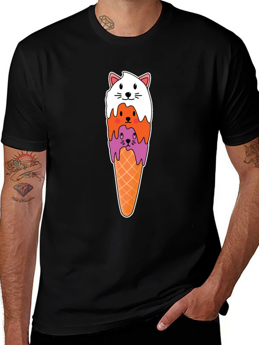 Cat Ice Cream Cone Black T-Shirt