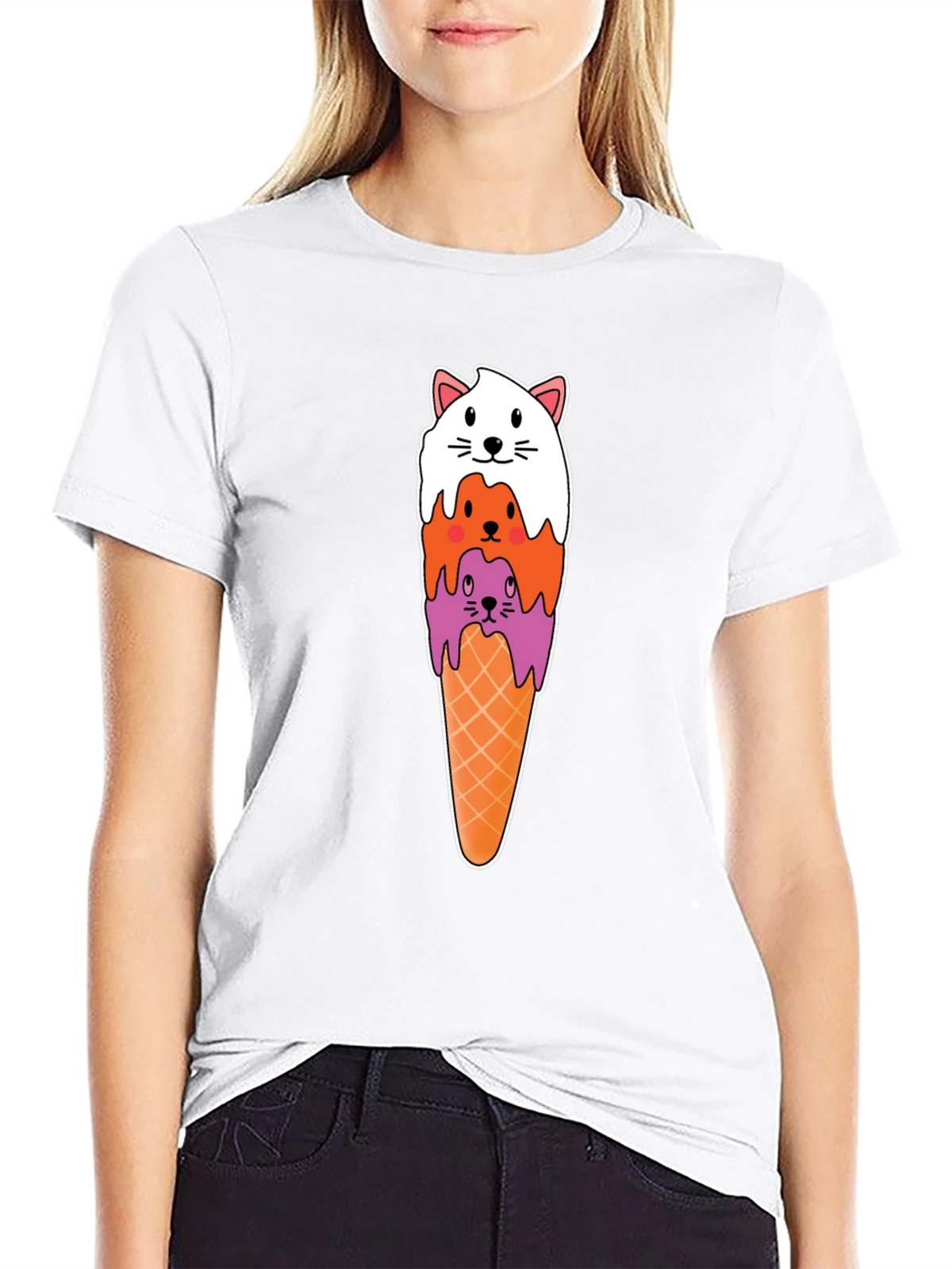 Cat Ice Cream Cone Black T-Shirt