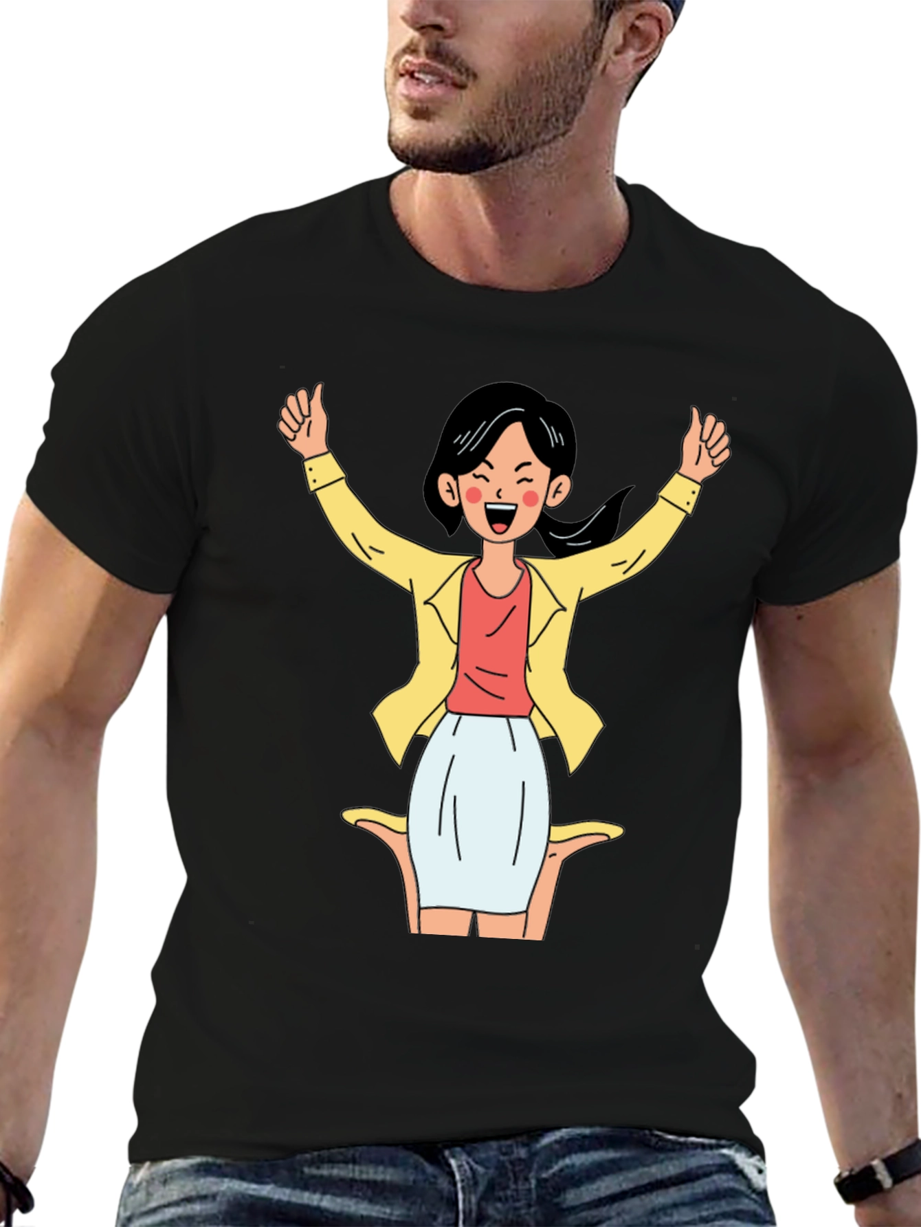 Black T-Shirt with Cartoon Woman Graphic