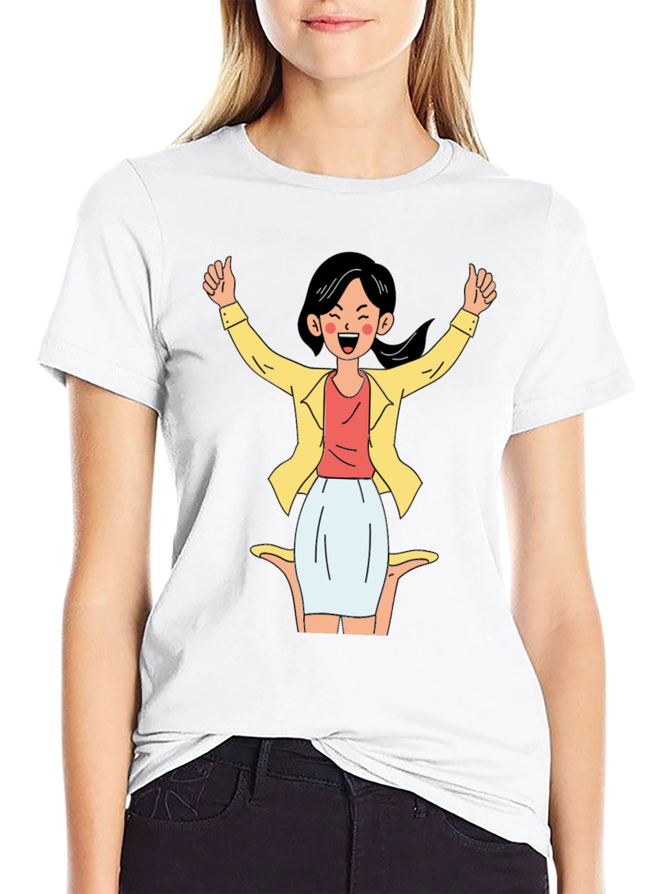 Black T-Shirt with Cartoon Woman Graphic