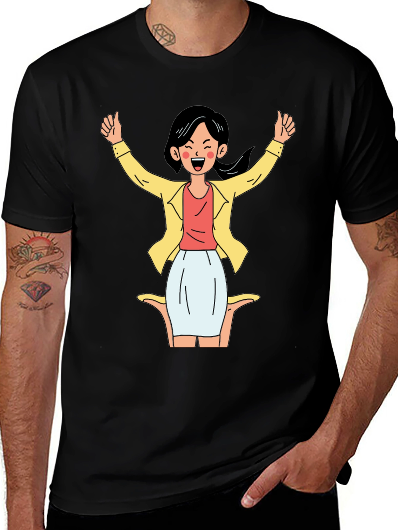 Black T-Shirt with Cartoon Woman Graphic