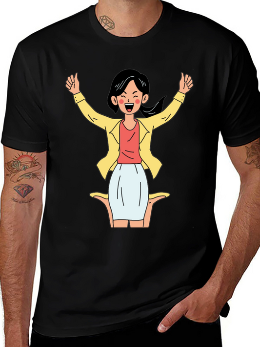 Black T-Shirt with Cartoon Woman Graphic