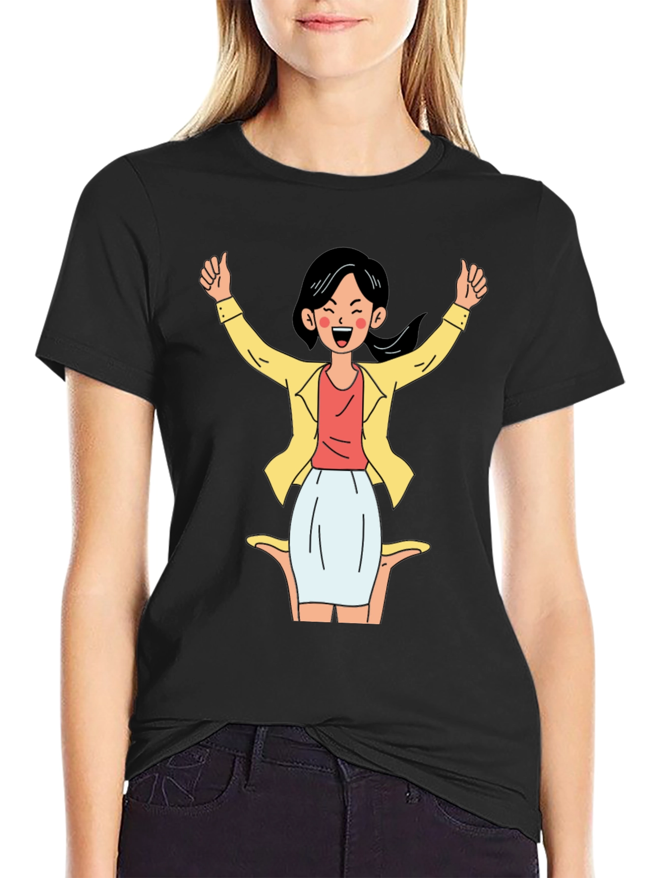 Black T-Shirt with Cartoon Woman Graphic