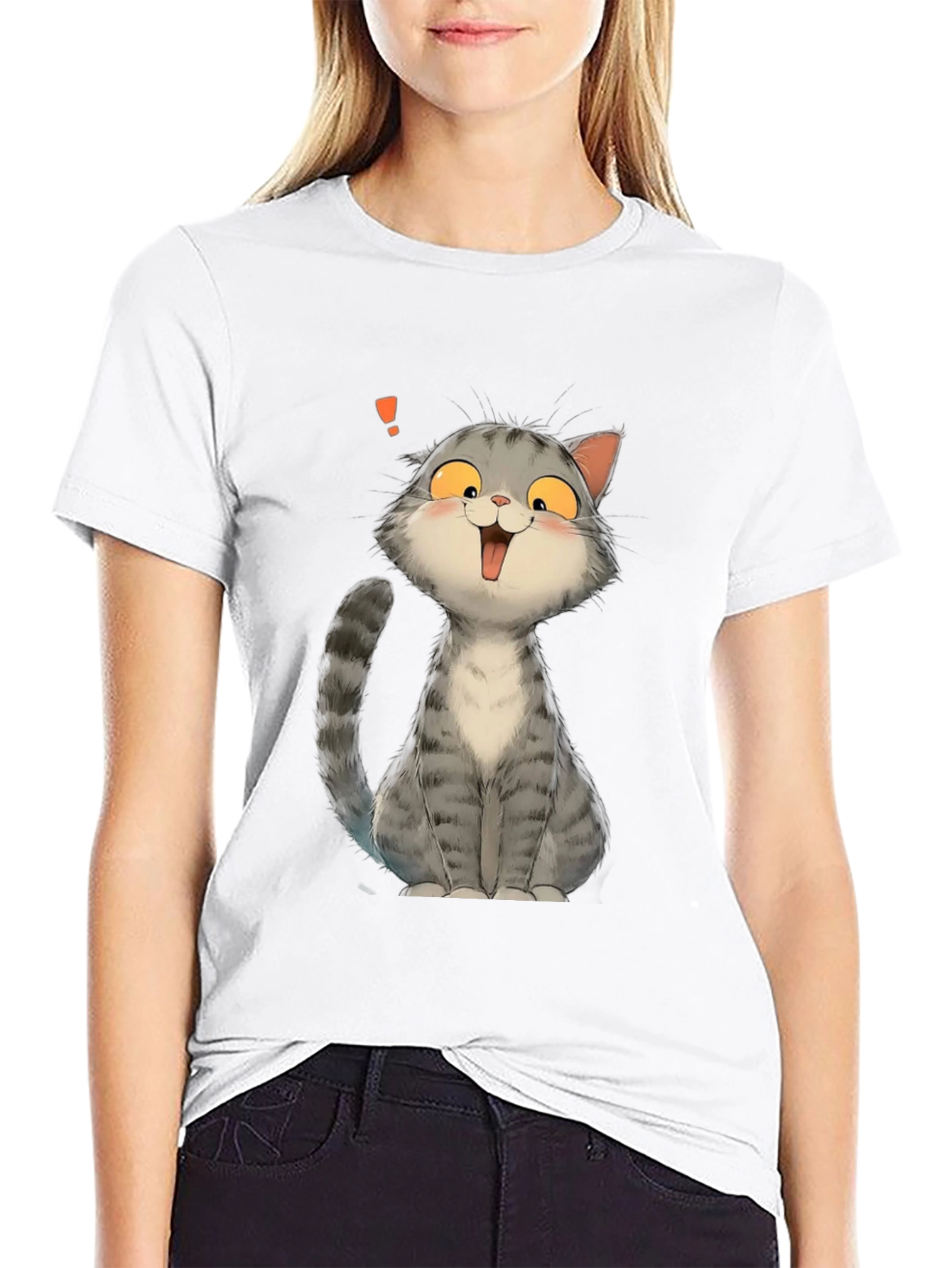 Cute Cat Cartoon Graphic Print Black T-Shirt