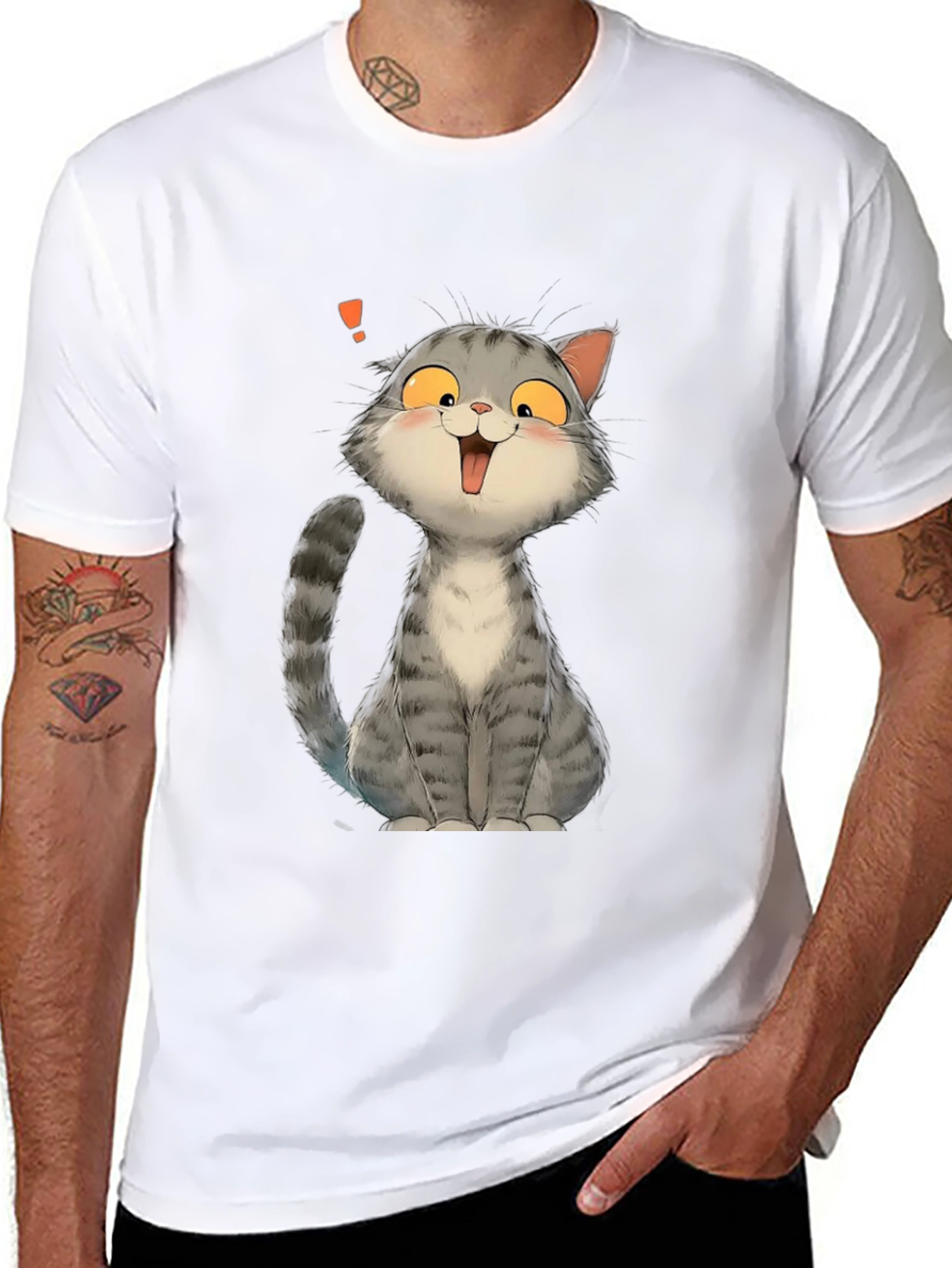 Cute Cat Cartoon Graphic Print Black T-Shirt