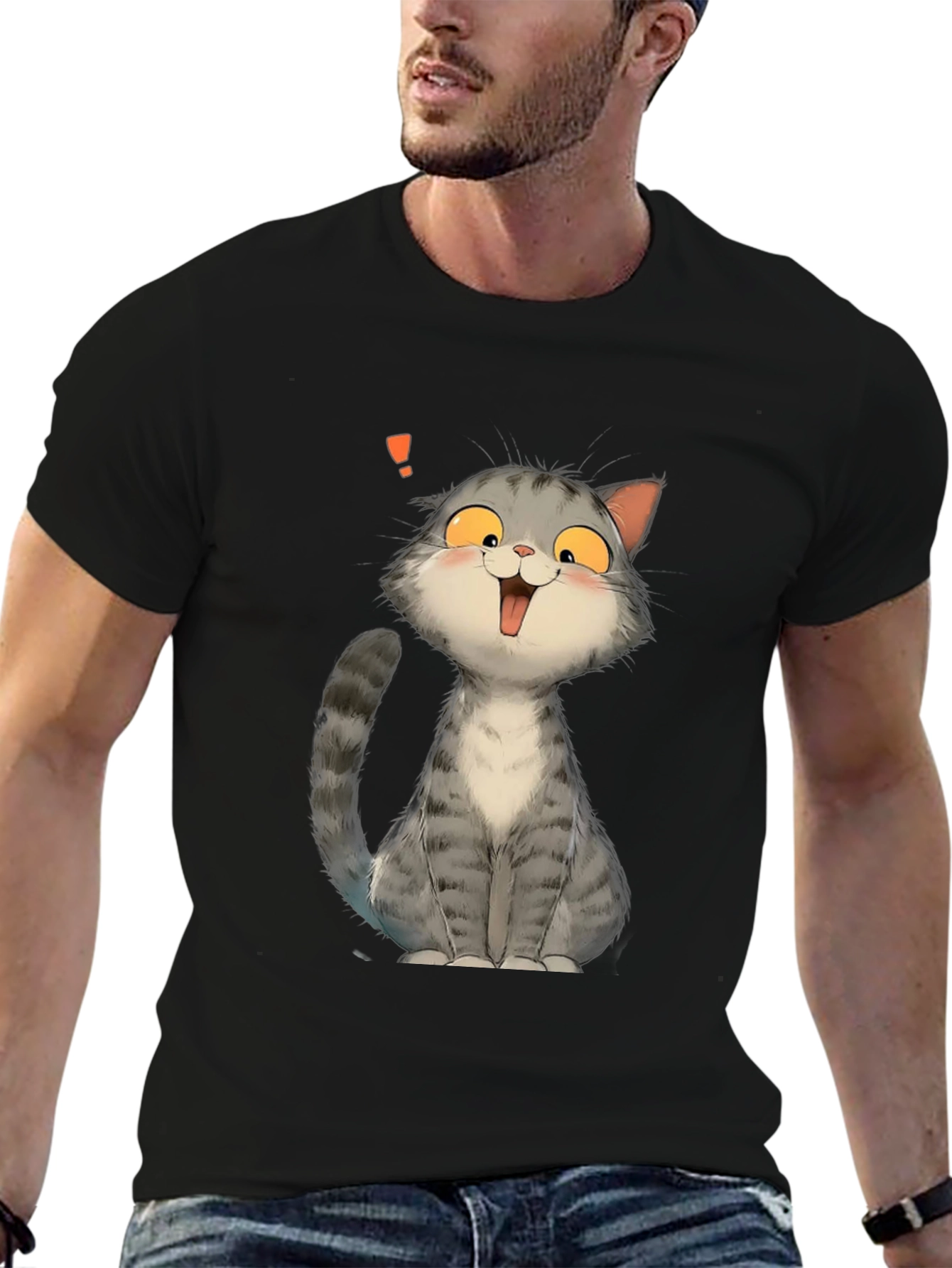 Cute Cat Cartoon Graphic Print Black T-Shirt