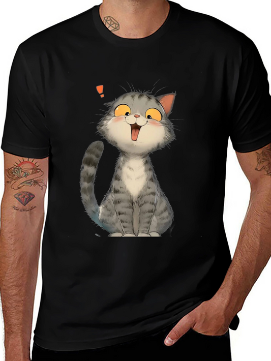 Cute Cat Cartoon Graphic Print Black T-Shirt