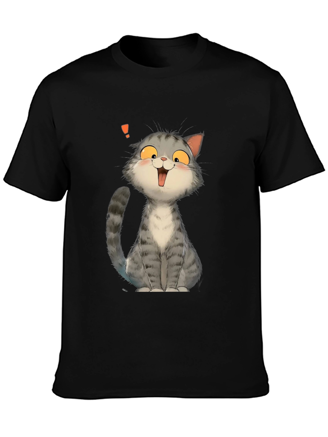 Cute Cat Cartoon Graphic Print Black T-Shirt