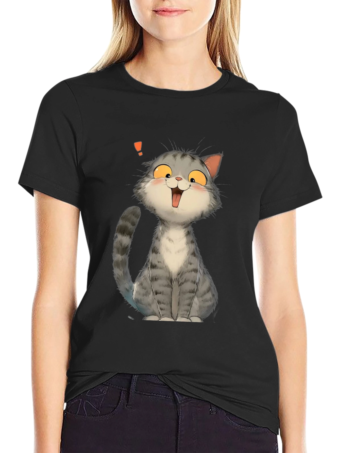 Cute Cat Cartoon Graphic Print Black T-Shirt