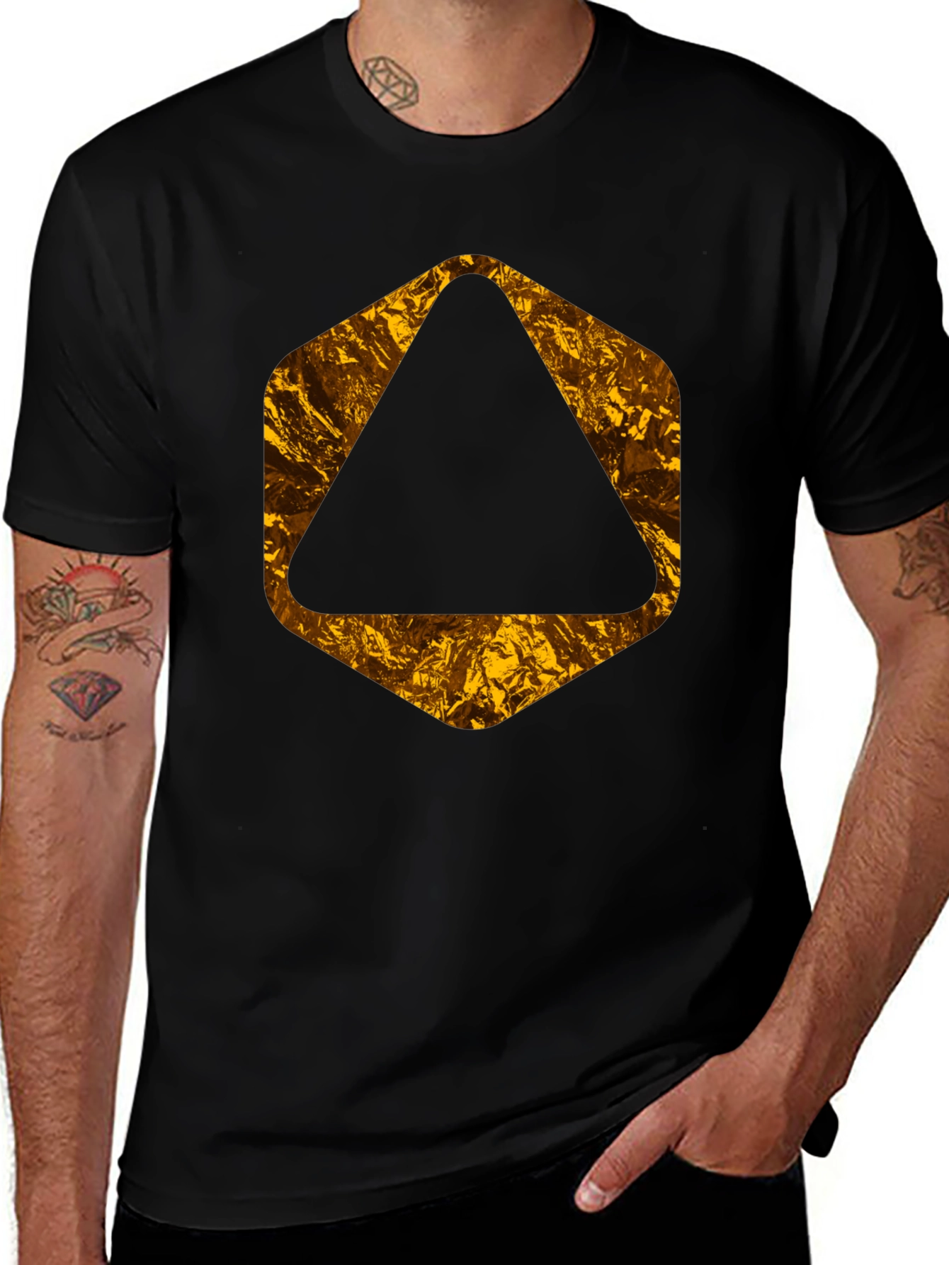 Black Tee with Geometric Gold Foil Design