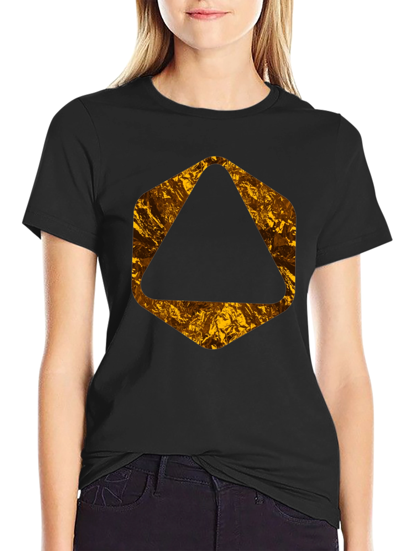 Black Tee with Geometric Gold Foil Design