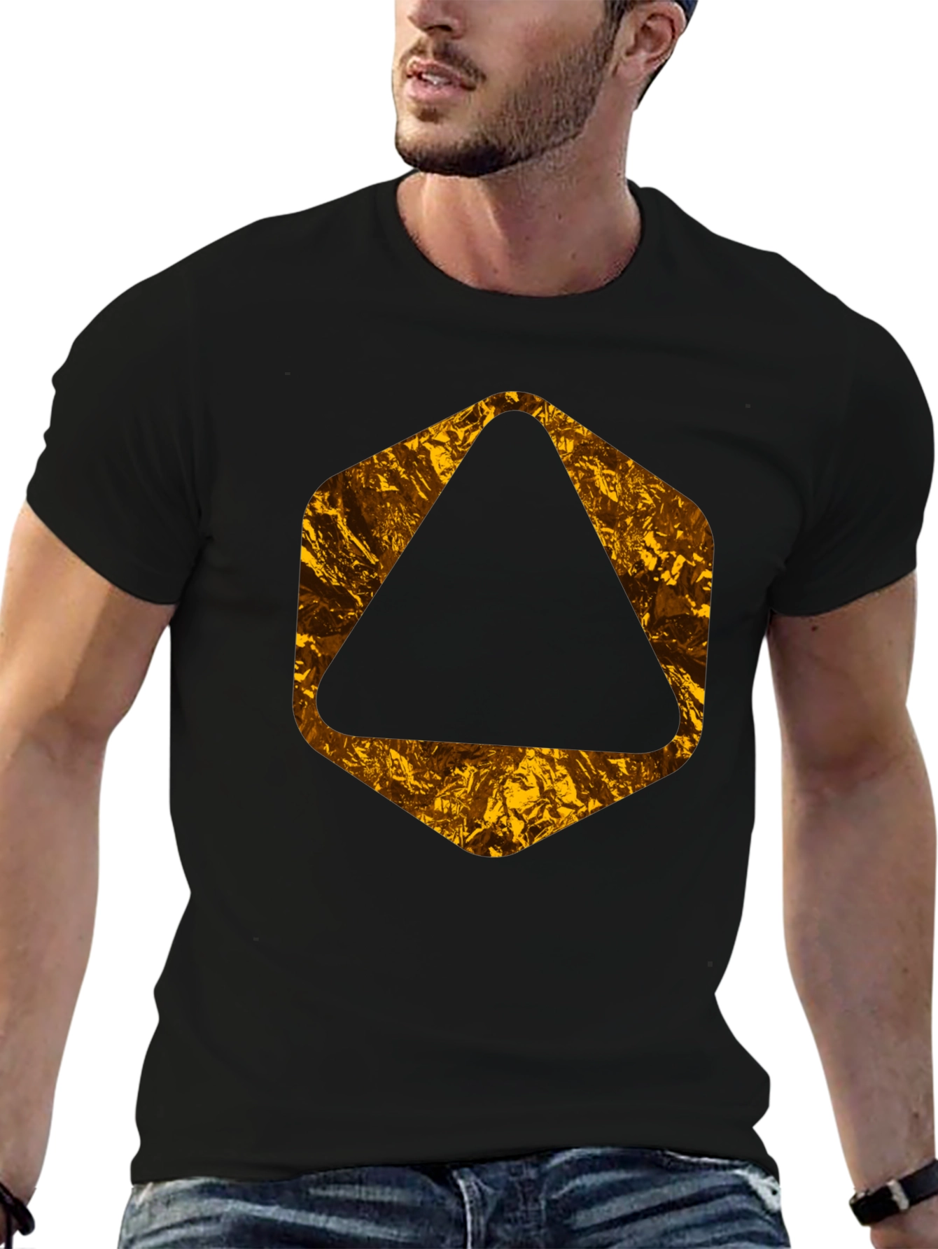 Black Tee with Geometric Gold Foil Design