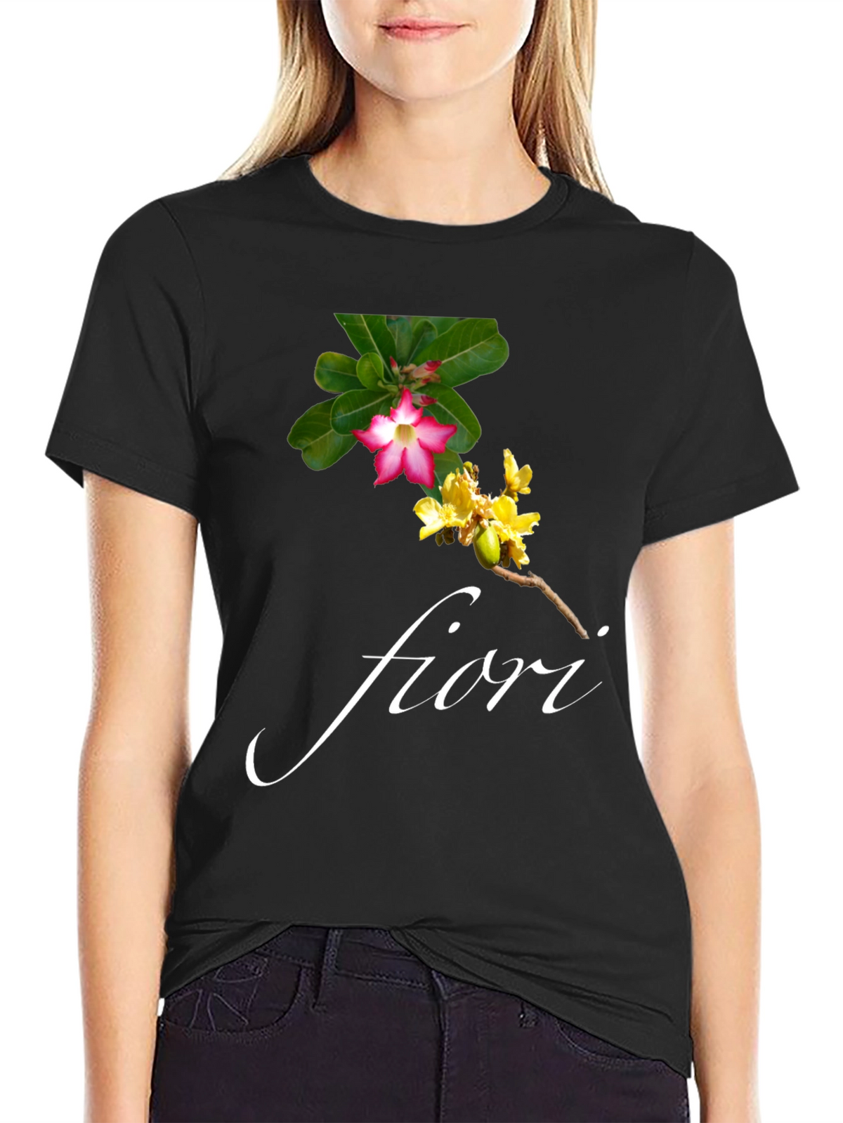 Floral Print Black T-Shirt - Fiori