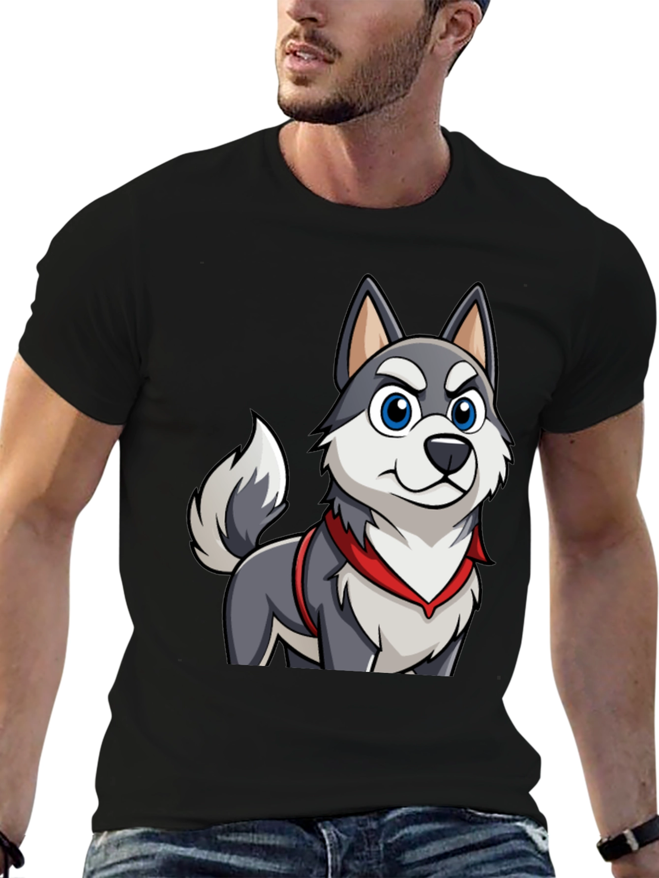 Cartoon Husky Dog Graphic Tee - Mens Black T-Shirt