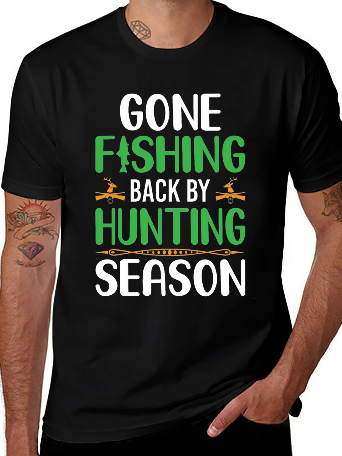 Gone Fishing Back by Hunting Season T-Shirt