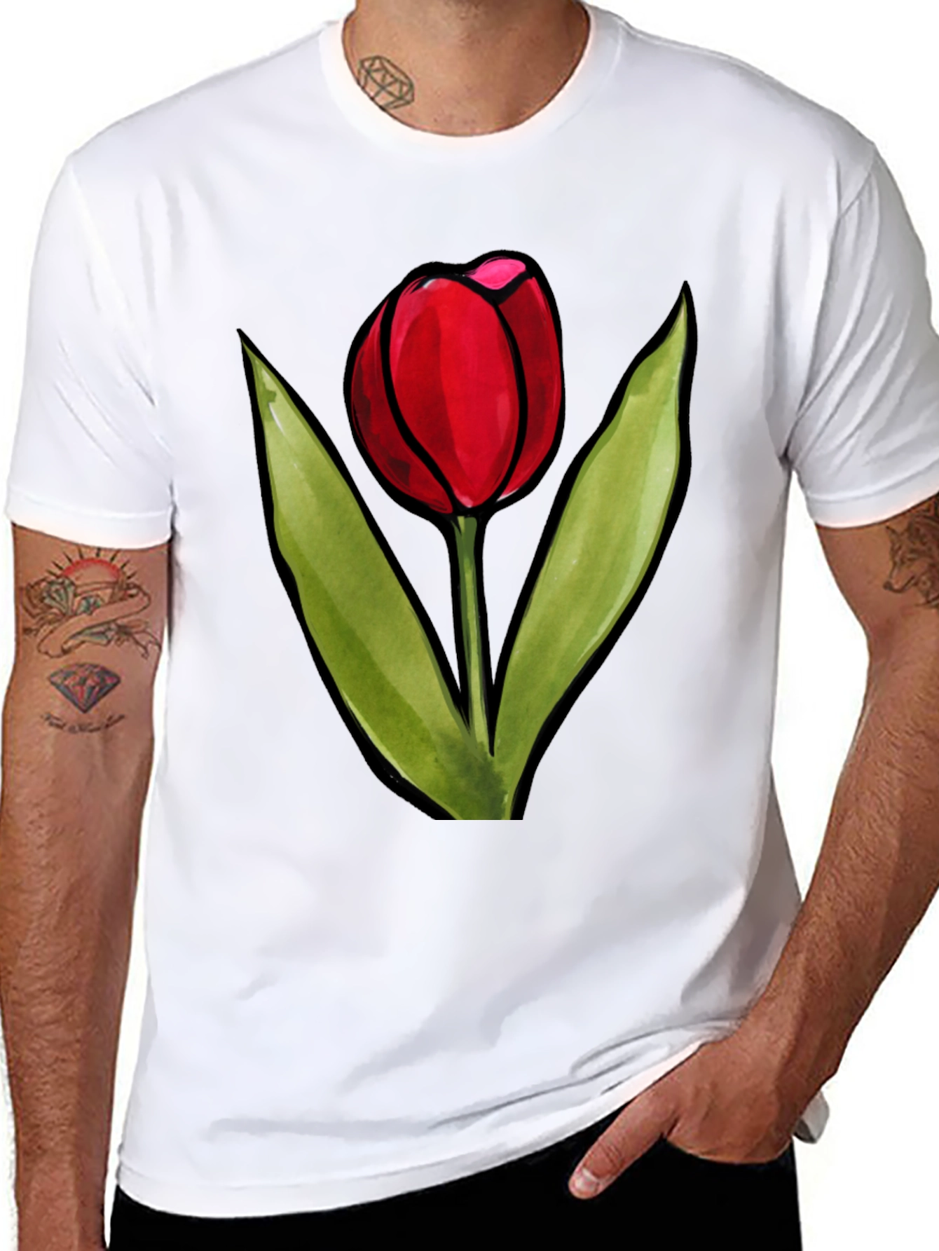 Red Tulip Graphic Black T-Shirt