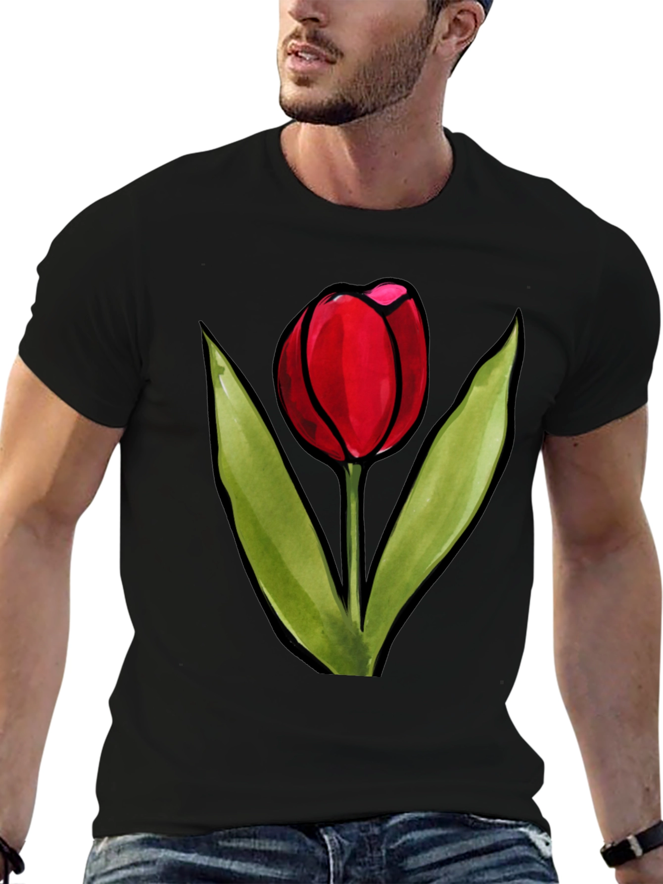 Red Tulip Graphic Black T-Shirt