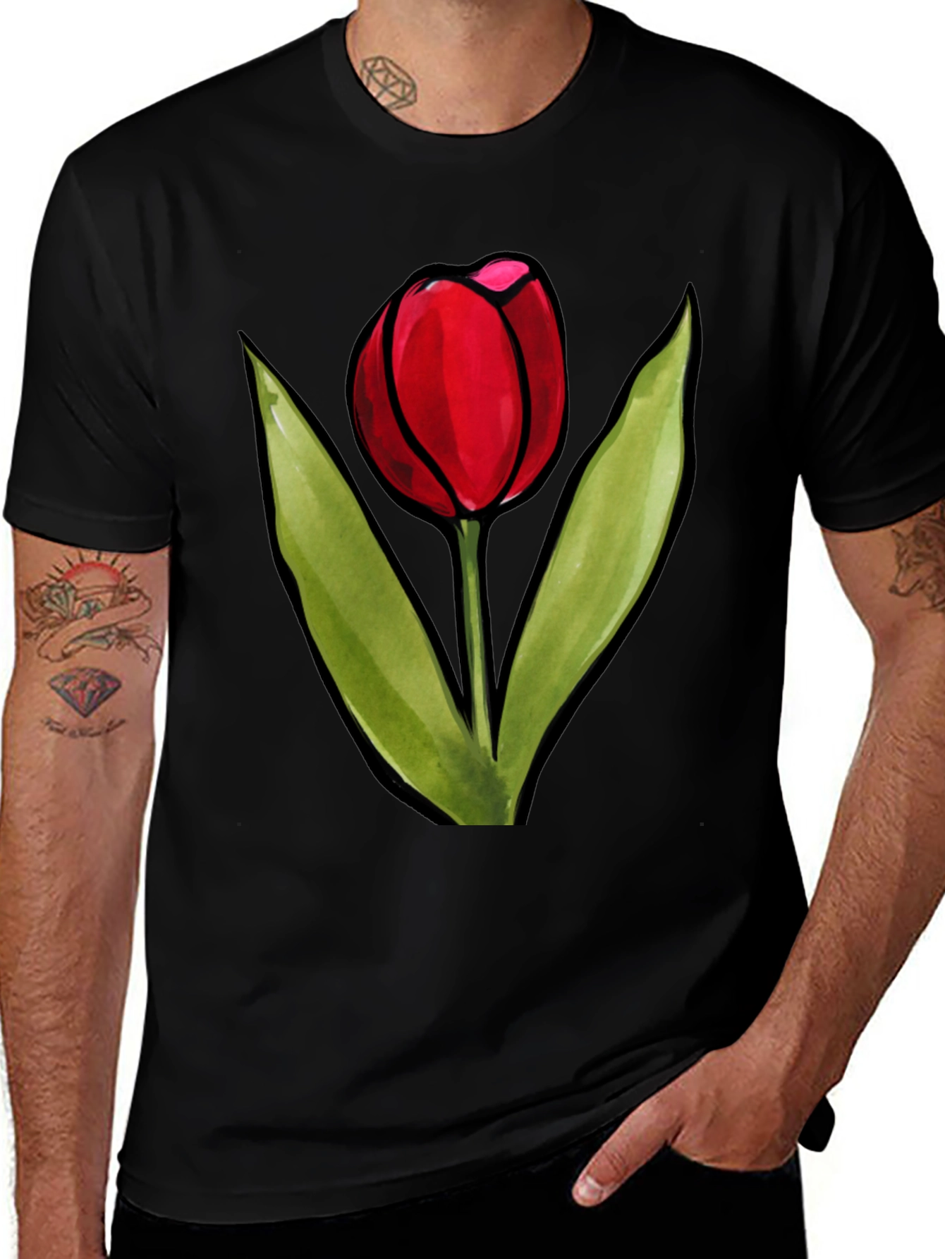 Red Tulip Graphic Black T-Shirt