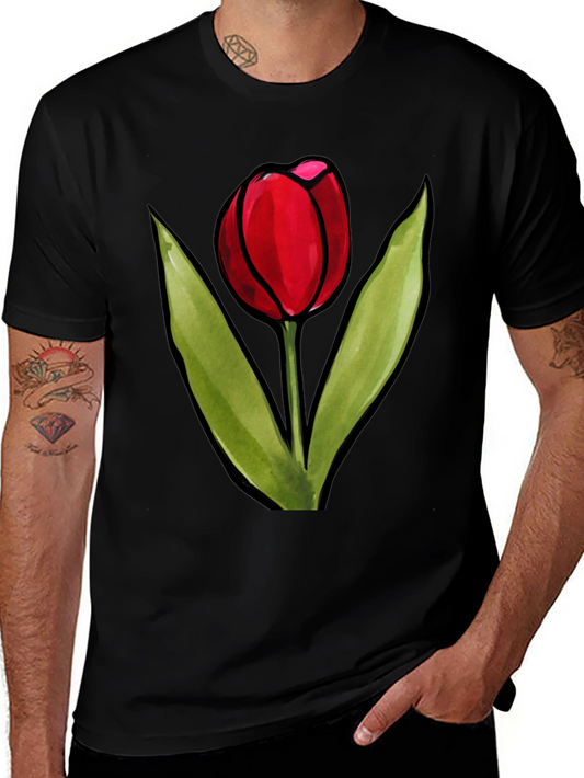 Red Tulip Graphic Black T-Shirt