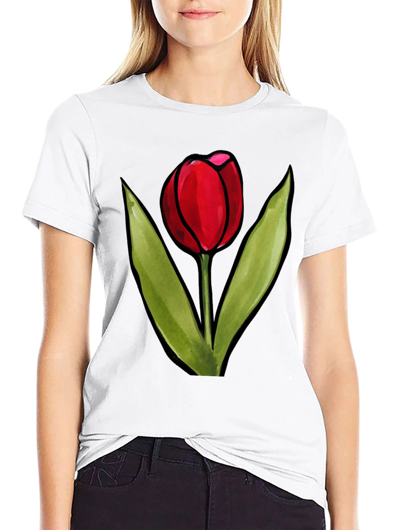 Red Tulip Graphic Black T-Shirt