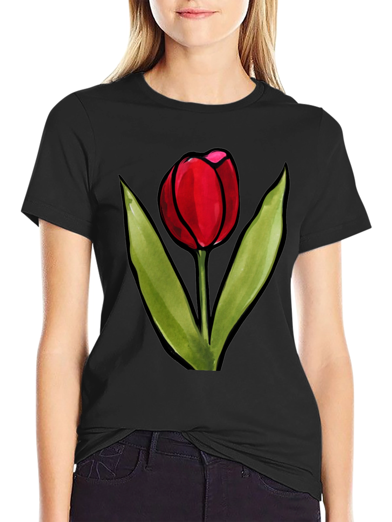 Red Tulip Graphic Black T-Shirt