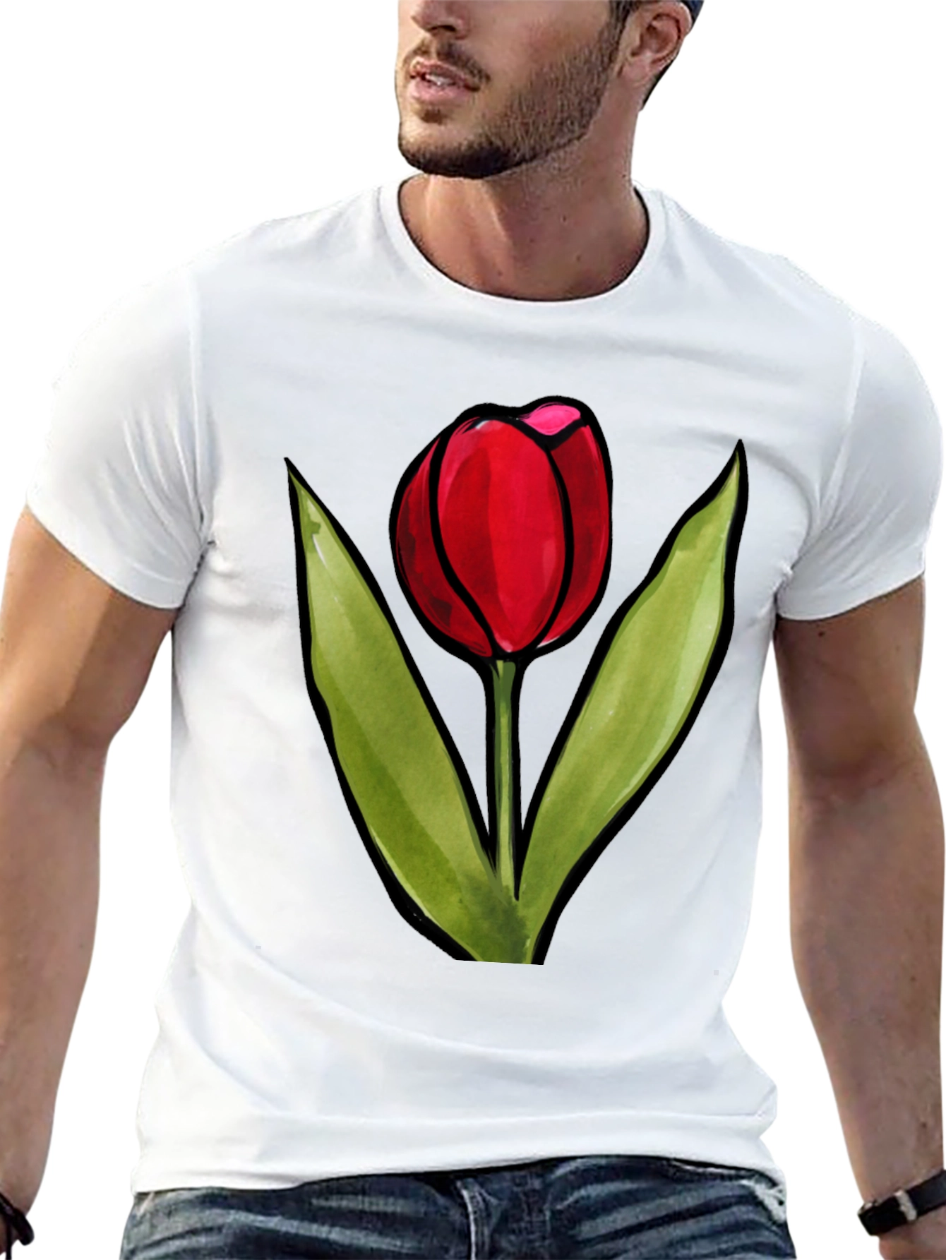Red Tulip Graphic Black T-Shirt