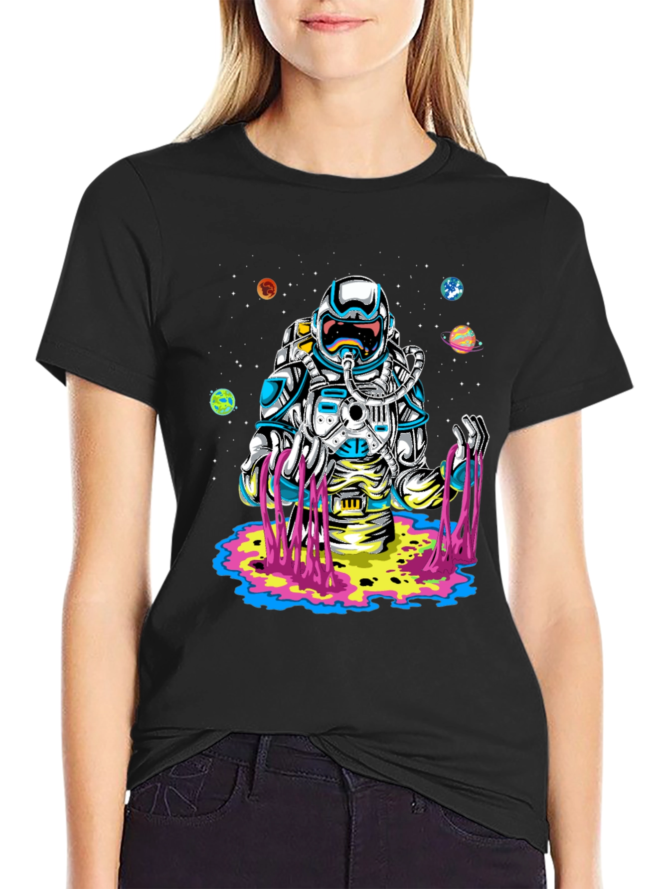 Astronaut Space Graphic Print Black T-Shirt