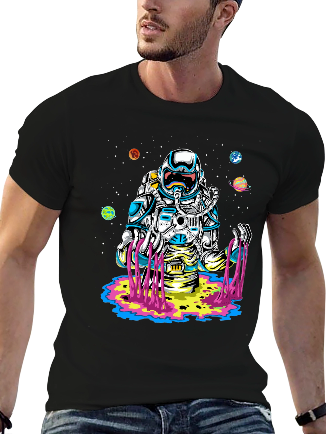 Astronaut Space Graphic Print Black T-Shirt
