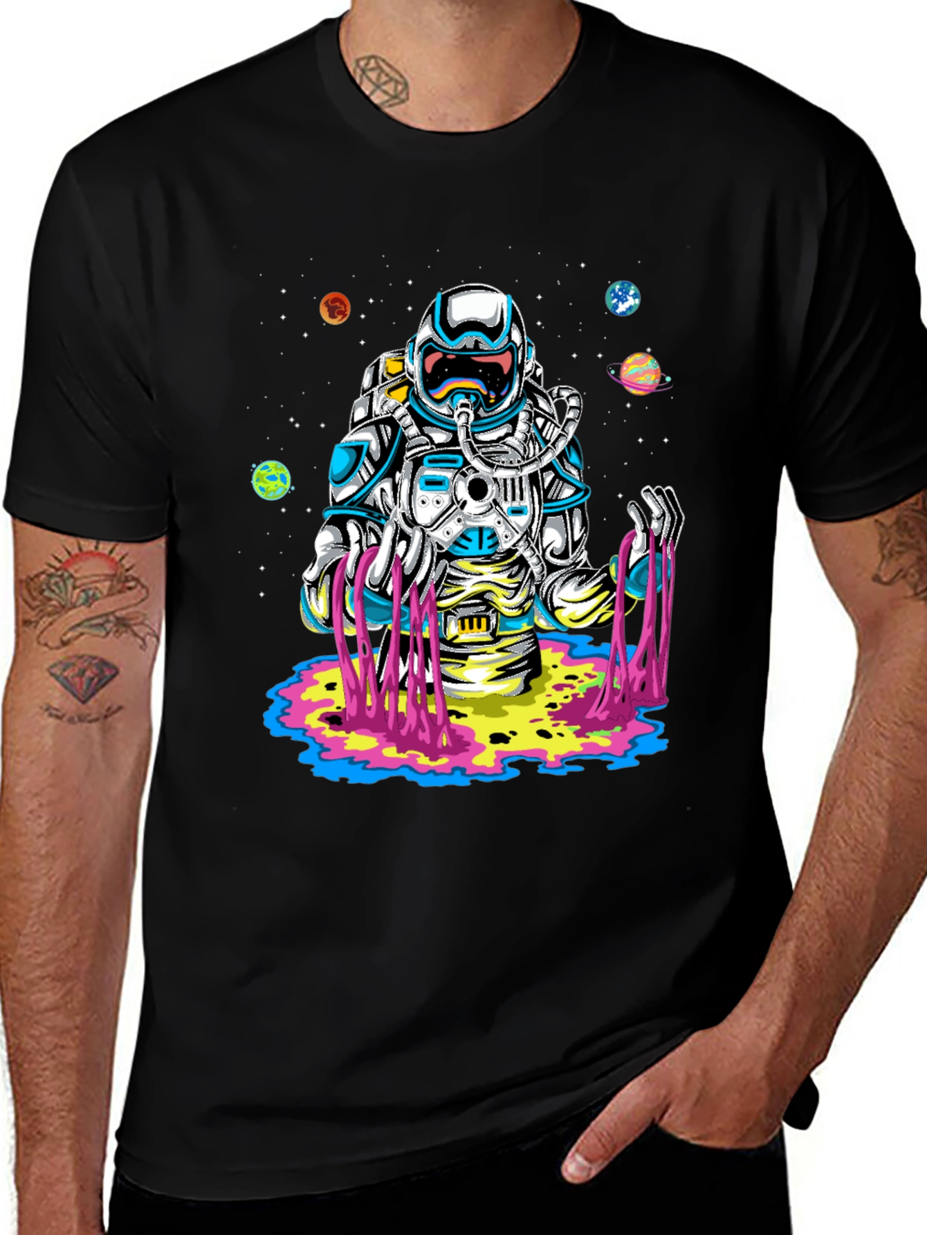 Astronaut Space Graphic Print Black T-Shirt