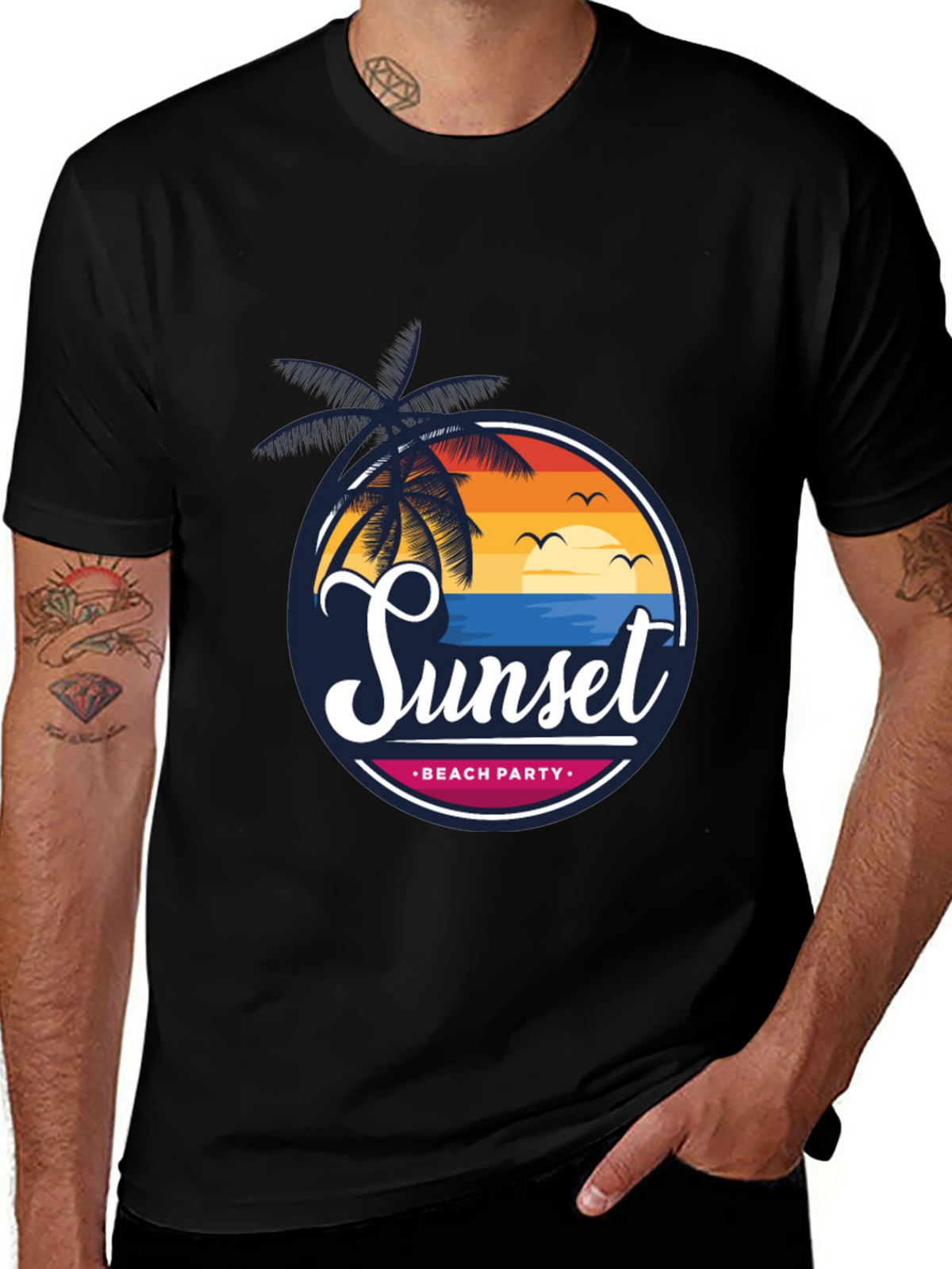 Sunset Beach Party Black Graphic Tee