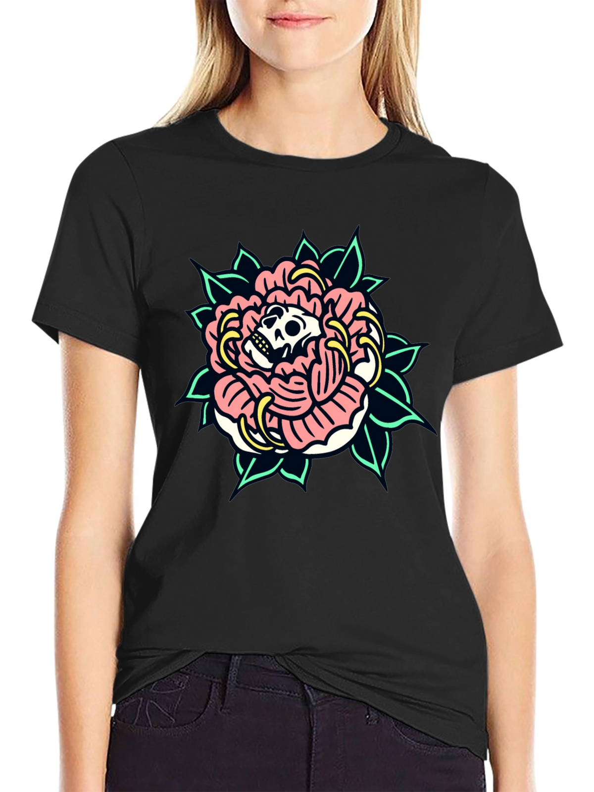 Skull Rose Graphic Tee - Black Cotton T-Shirt