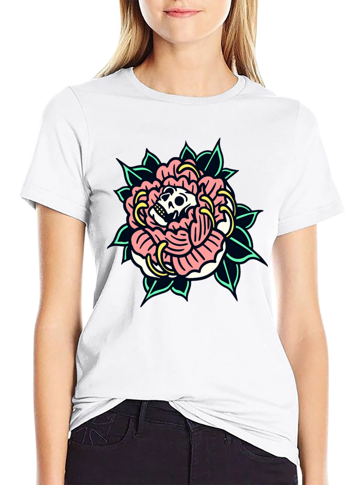 Skull Rose Graphic Tee - Black Cotton T-Shirt
