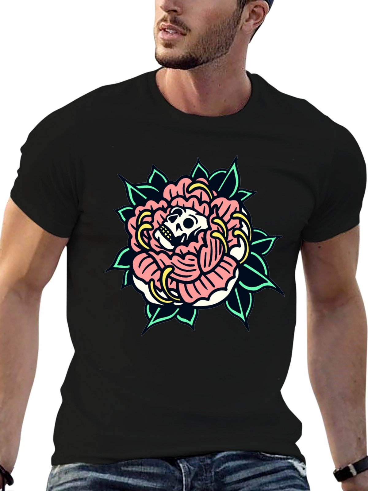 Skull Rose Graphic Tee - Black Cotton T-Shirt