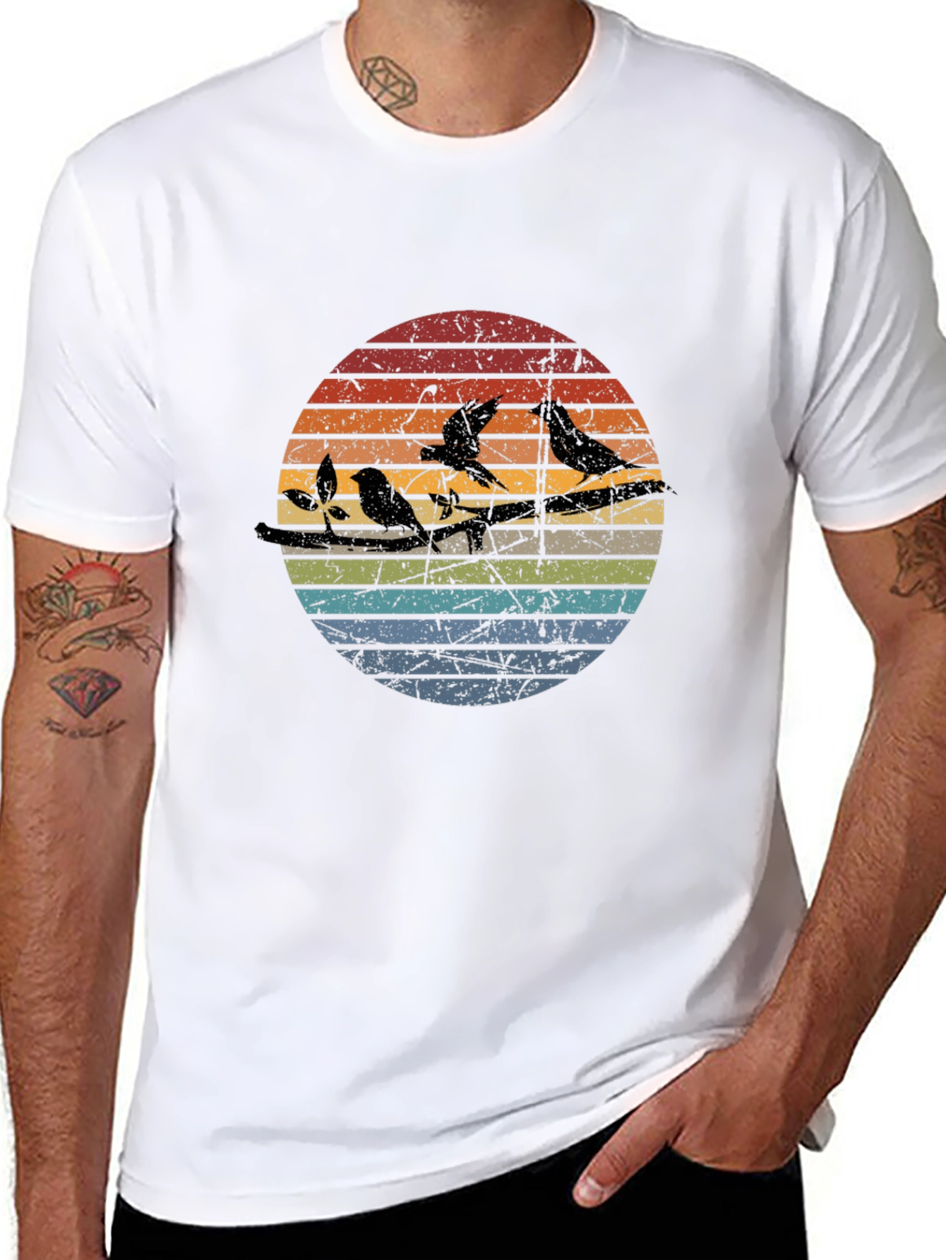 Retro Birds on a Wire Graphic Tee - Black