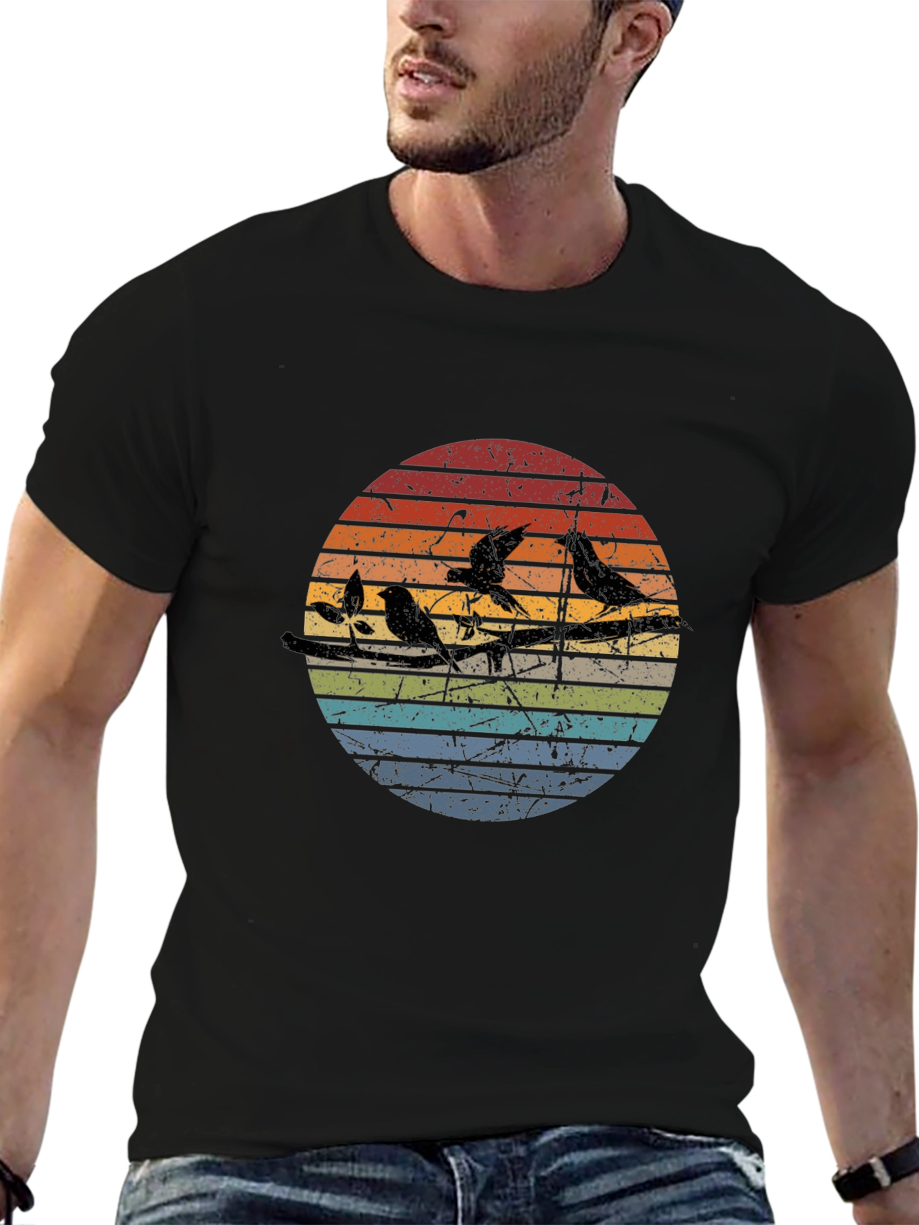 Retro Birds on a Wire Graphic Tee - Black