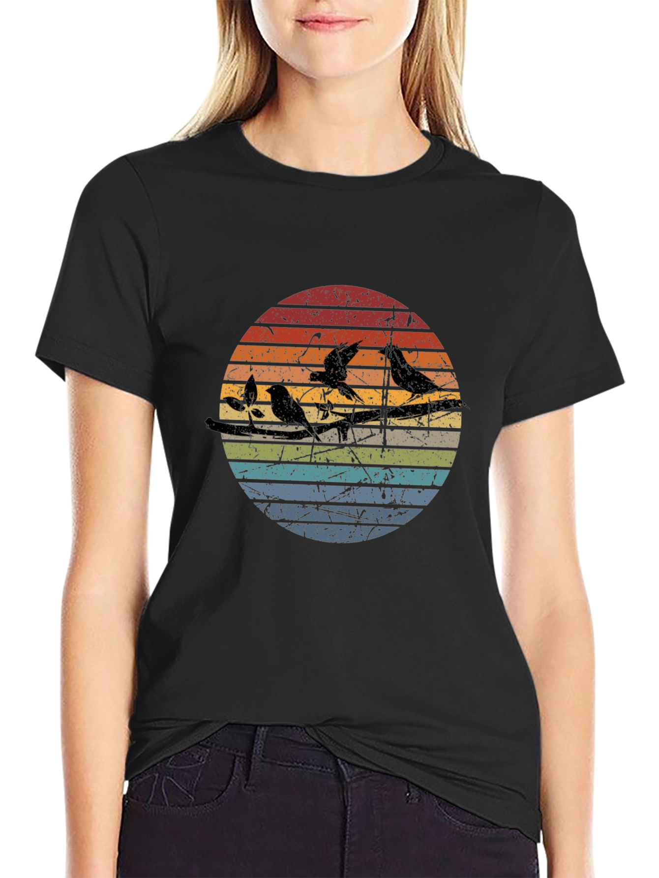 Retro Birds on a Wire Graphic Tee - Black