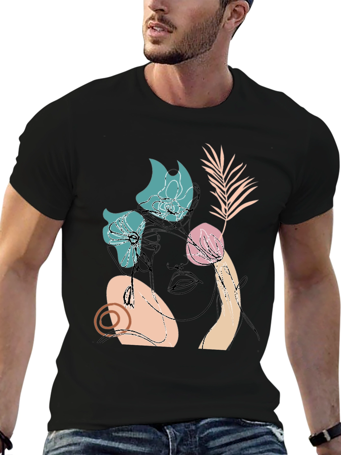 Abstract Floral Line Art Black Graphic Tee
