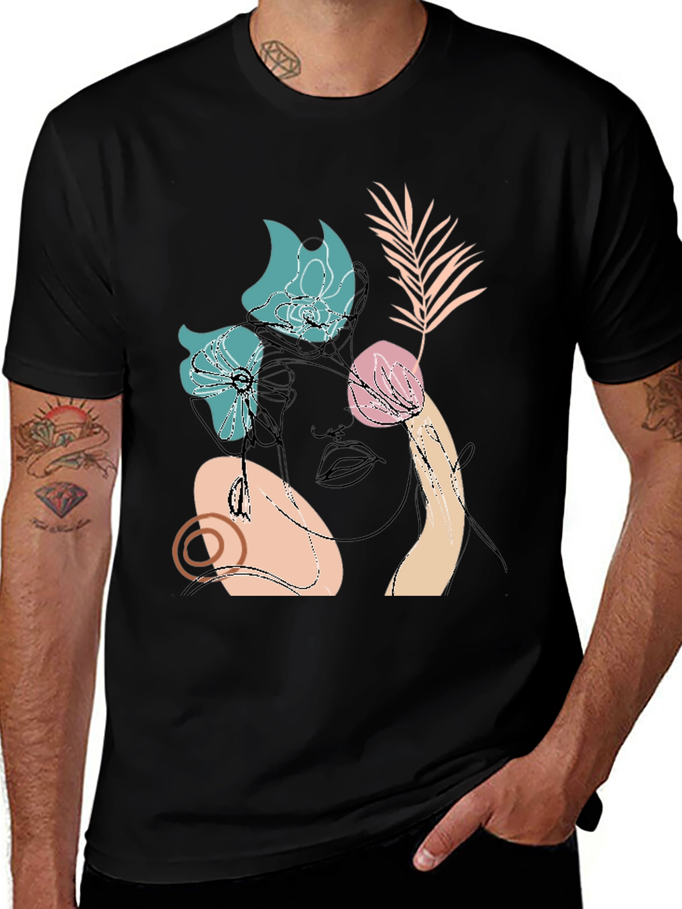 Abstract Floral Line Art Black Graphic Tee