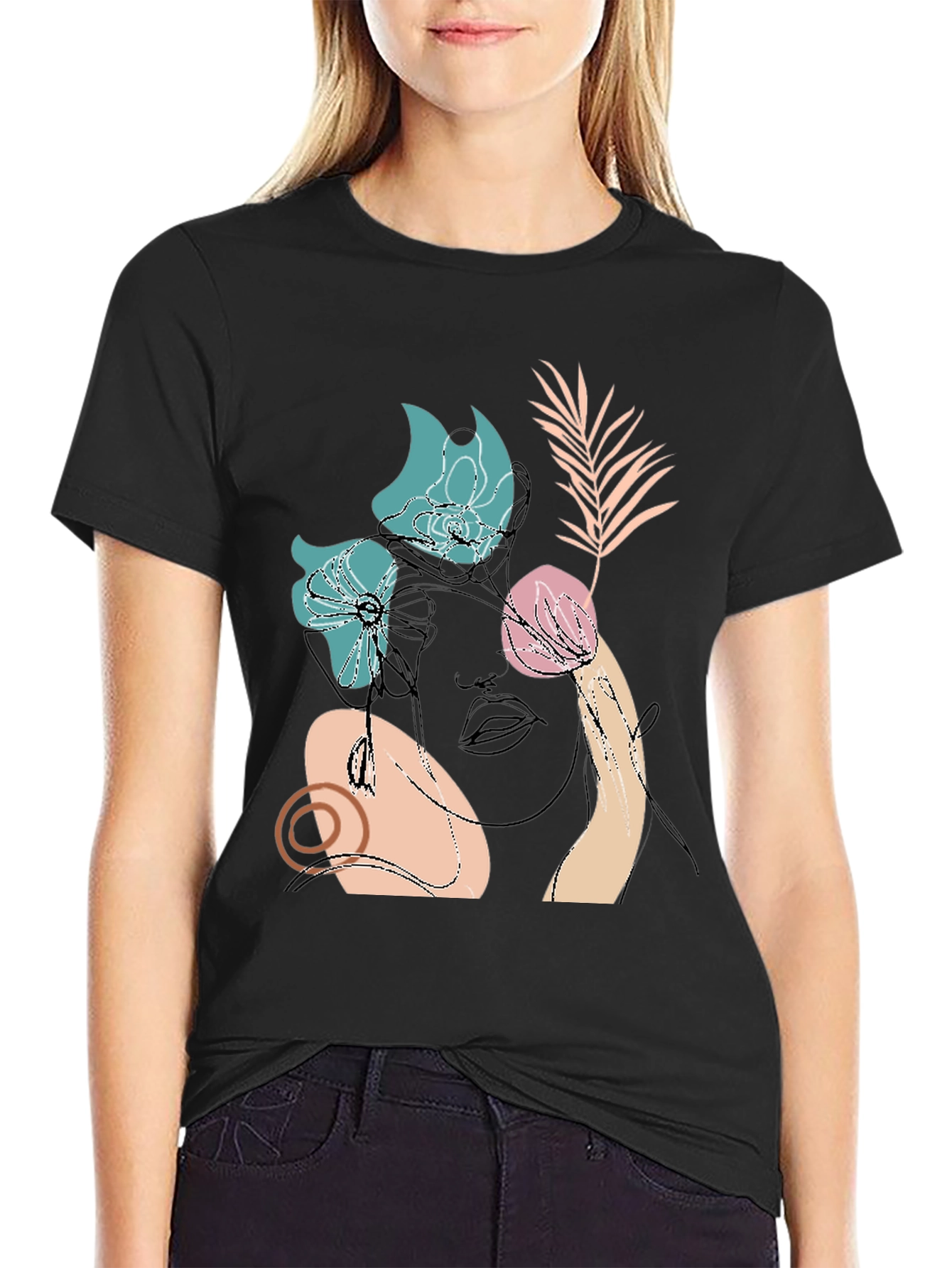 Abstract Floral Line Art Black Graphic Tee