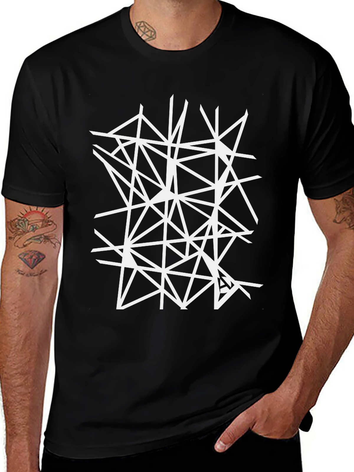 Geometric White Line Art Black T-Shirt