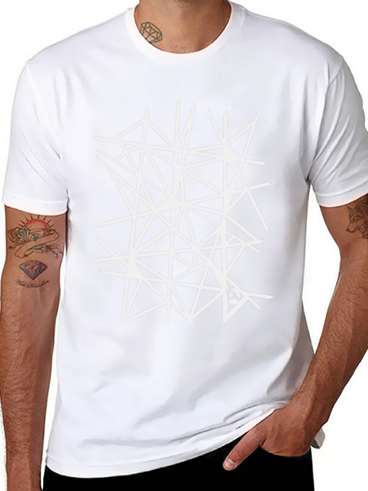 Geometric White Line Art Black T-Shirt