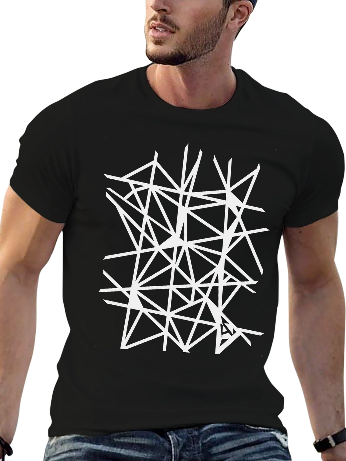 Geometric White Line Art Black T-Shirt
