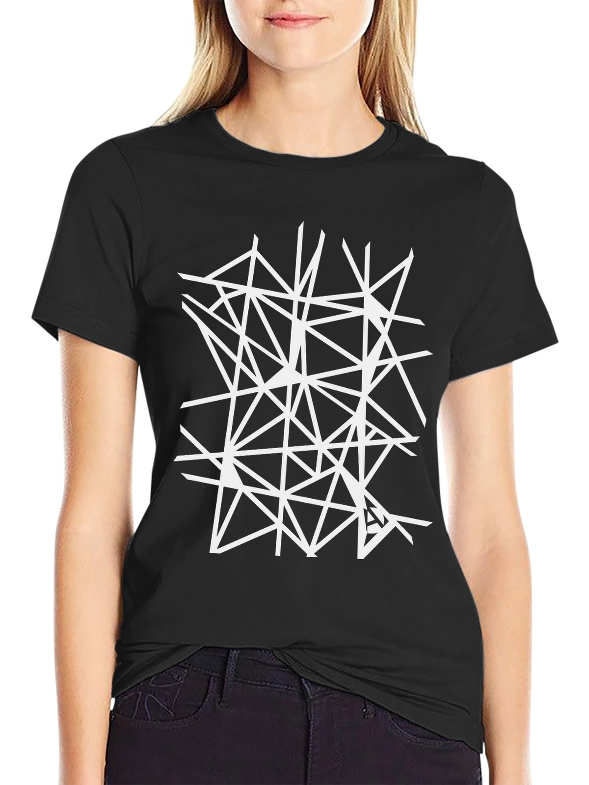 Geometric White Line Art Black T-Shirt