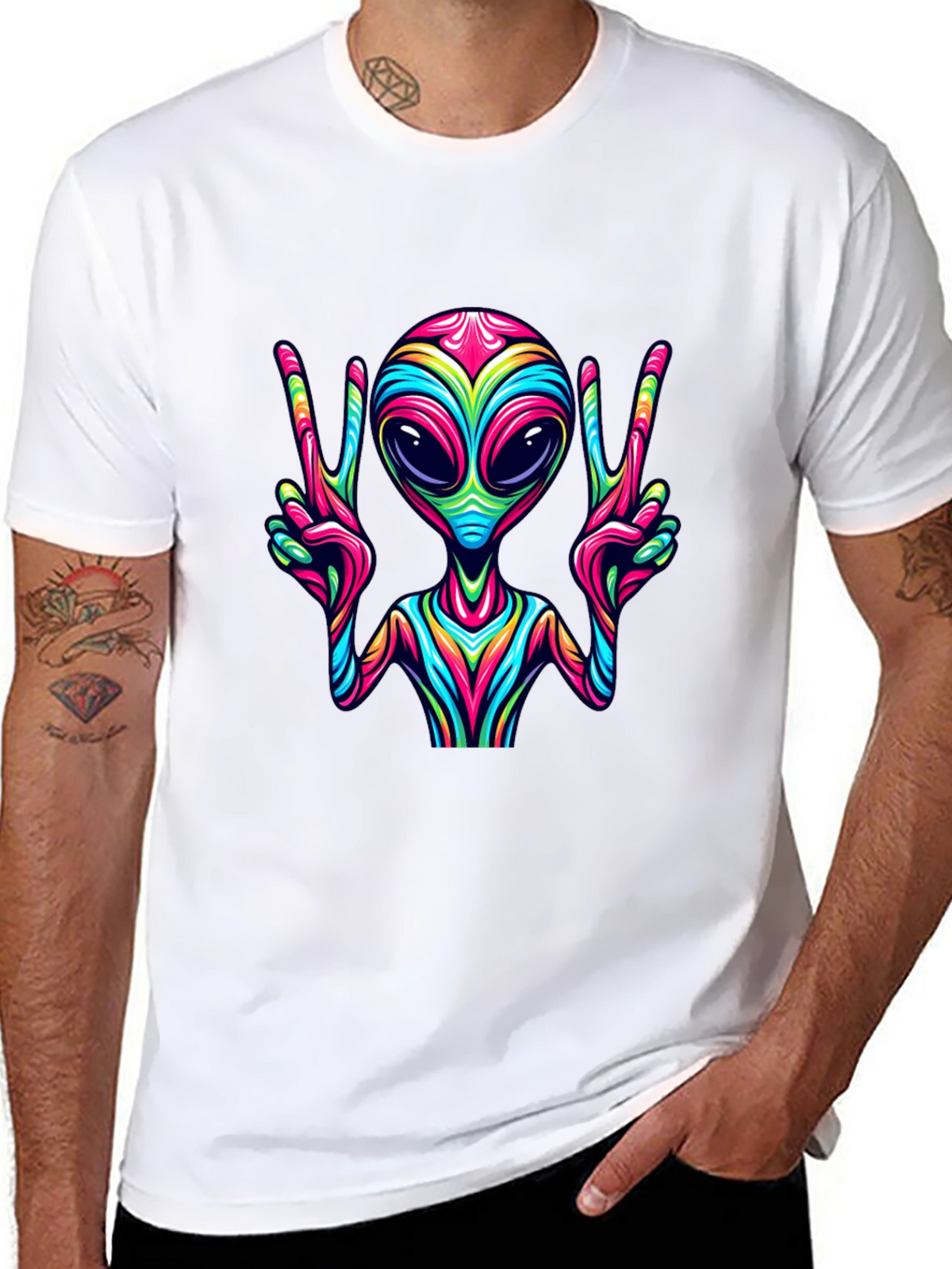 Alien Peace Sign Graphic Tee - Mens Black T-Shirt