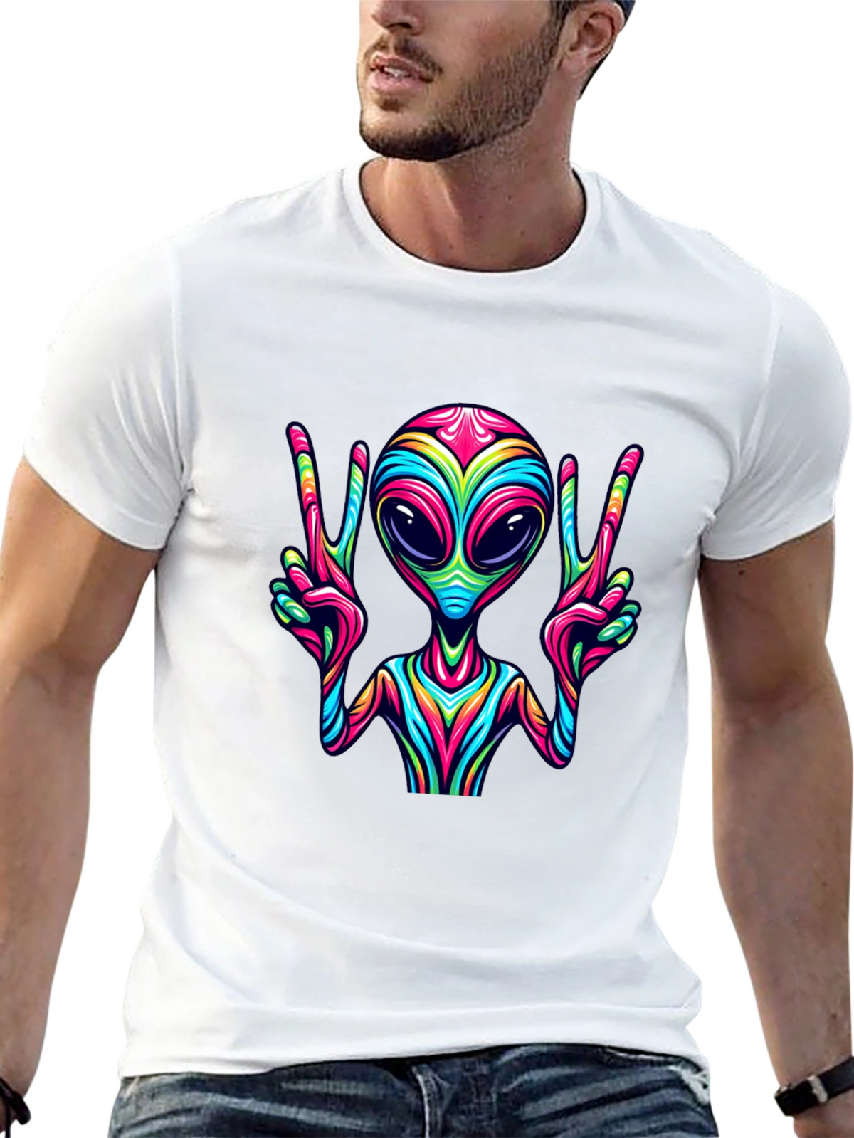 Alien Peace Sign Graphic Tee - Mens Black T-Shirt