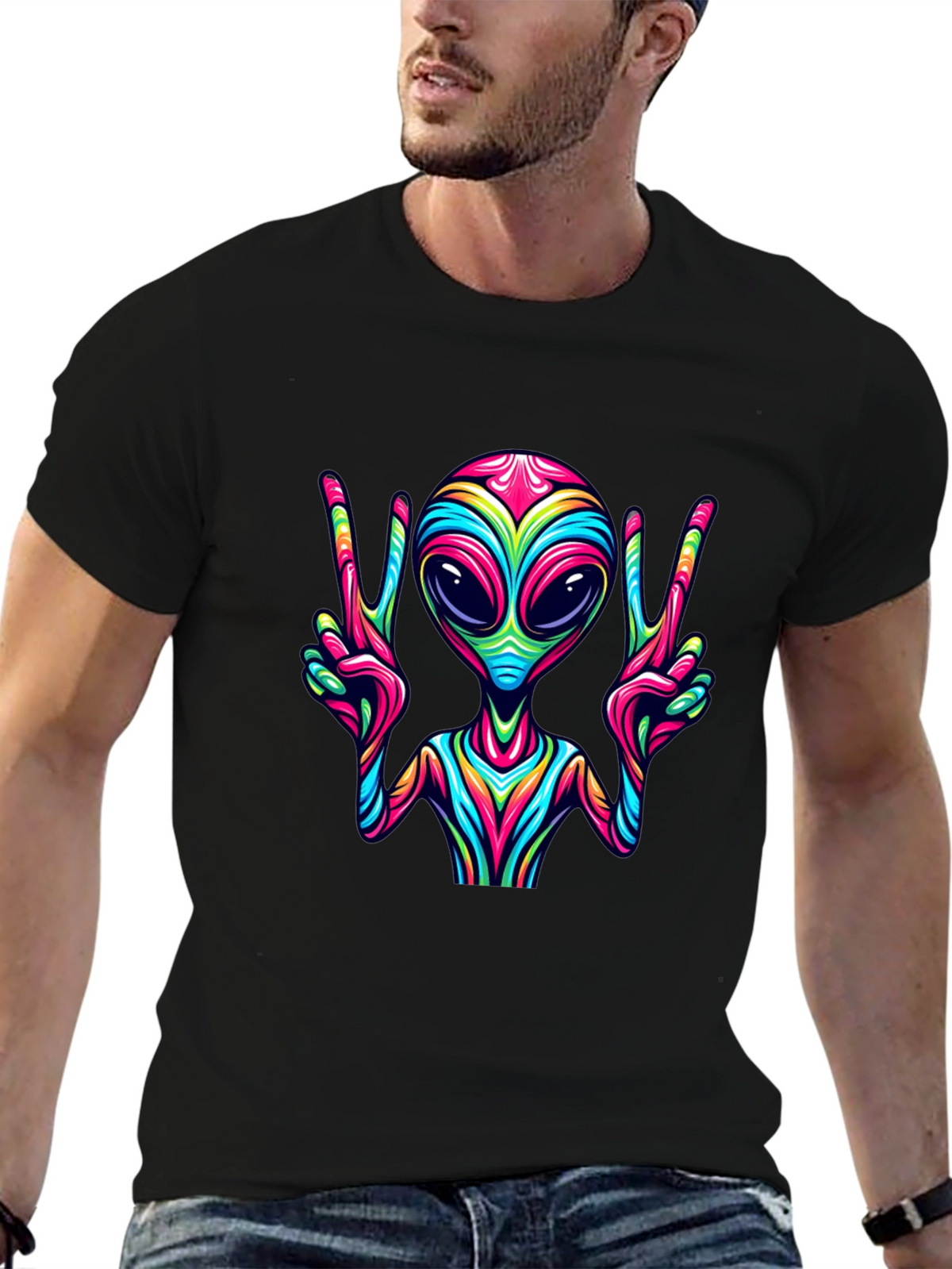 Alien Peace Sign Graphic Tee - Mens Black T-Shirt