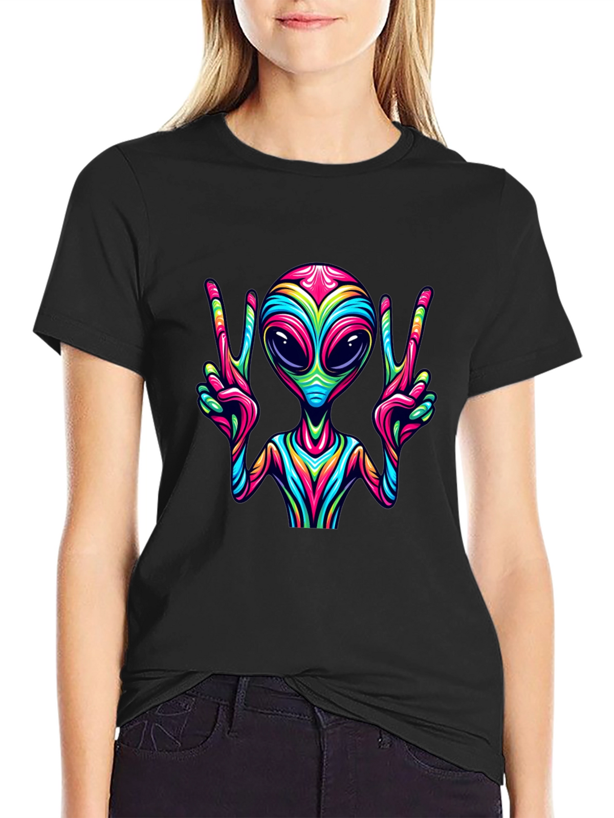Alien Peace Sign Graphic Tee - Mens Black T-Shirt
