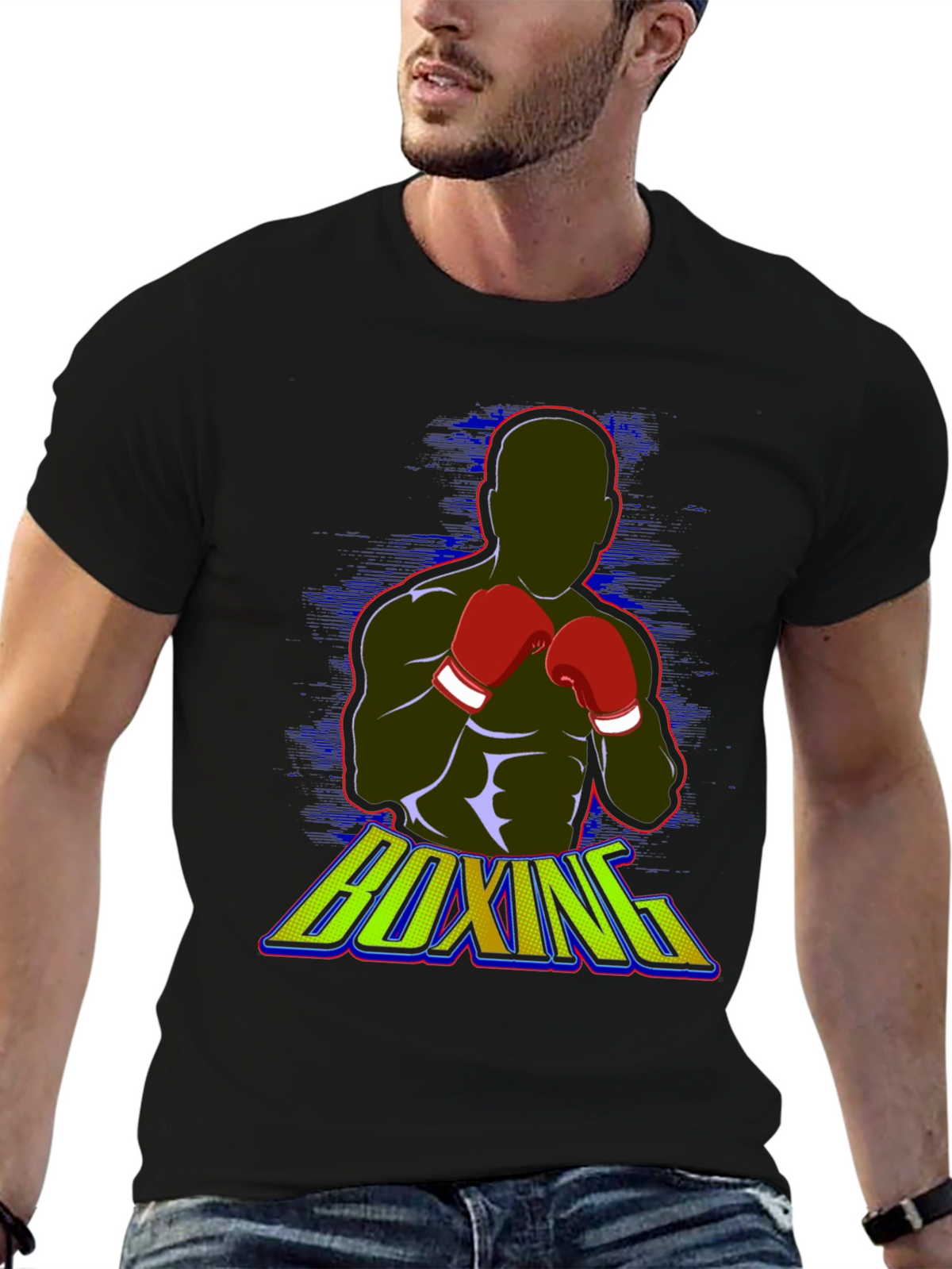 Boxing Graphic Tee - Black Cotton Blend T-Shirt