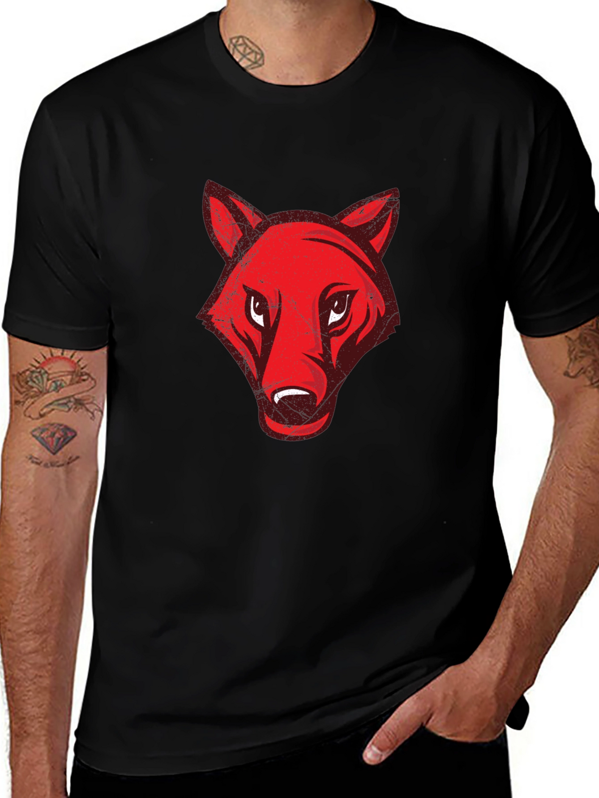 Mens Black T-Shirt with Red Wolf Graphic