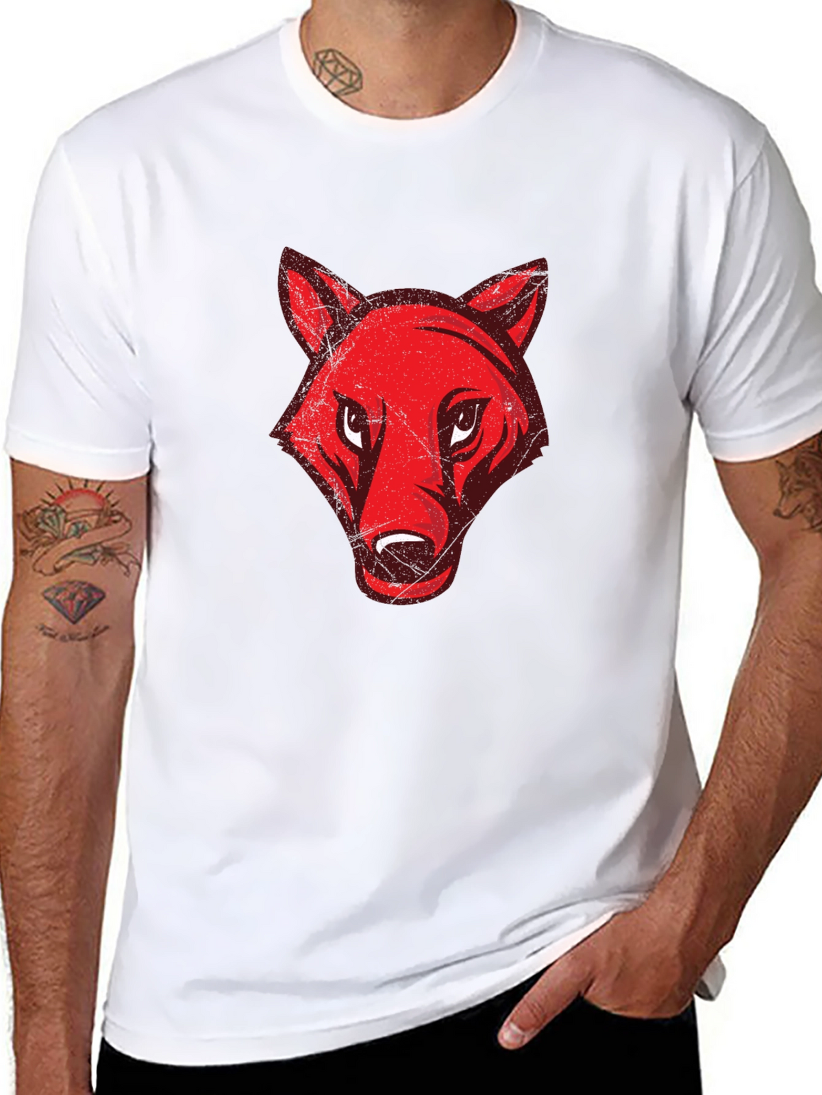 Mens Black T-Shirt with Red Wolf Graphic